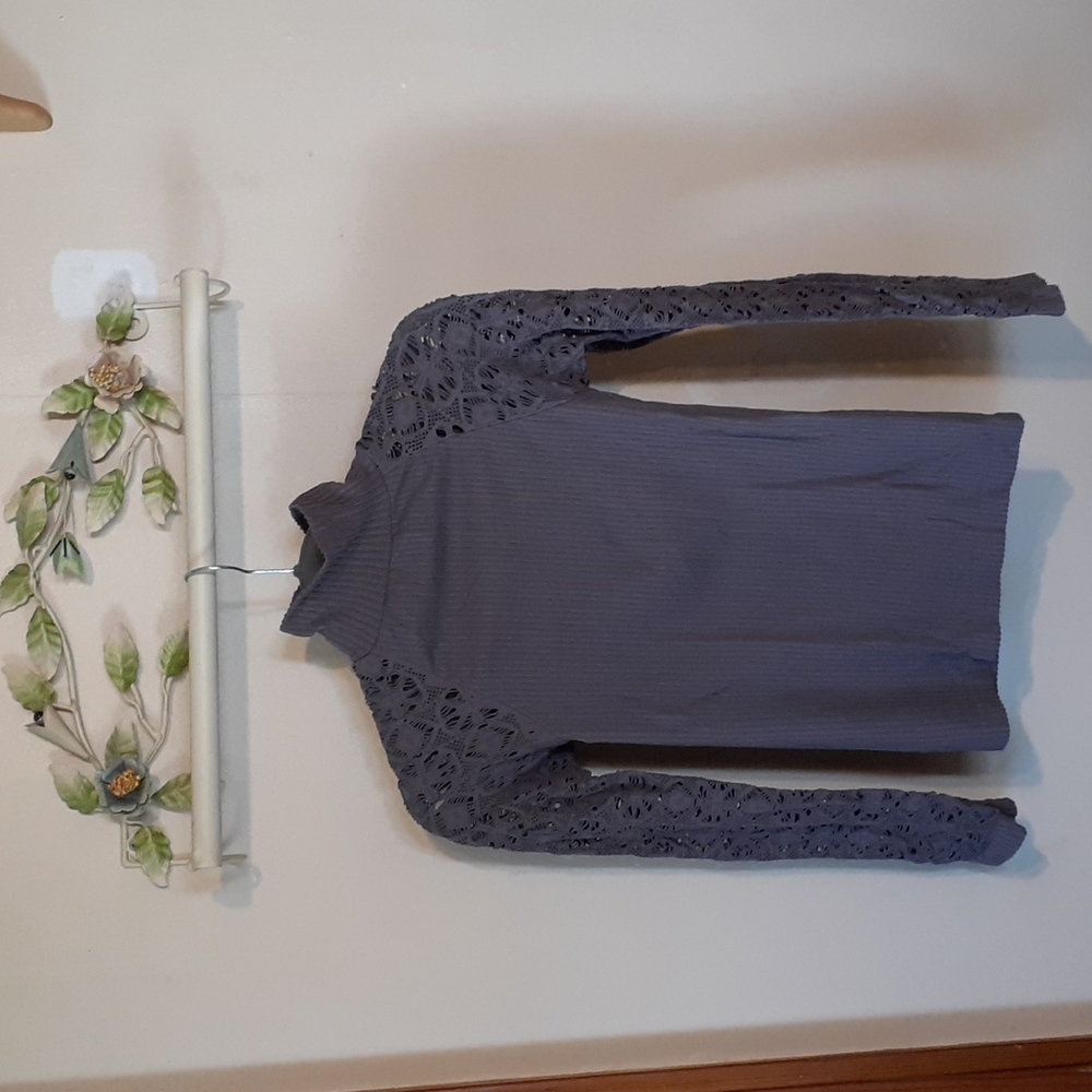 FP Intimately Grey Rib and Lace Mockneck Top Size M/L